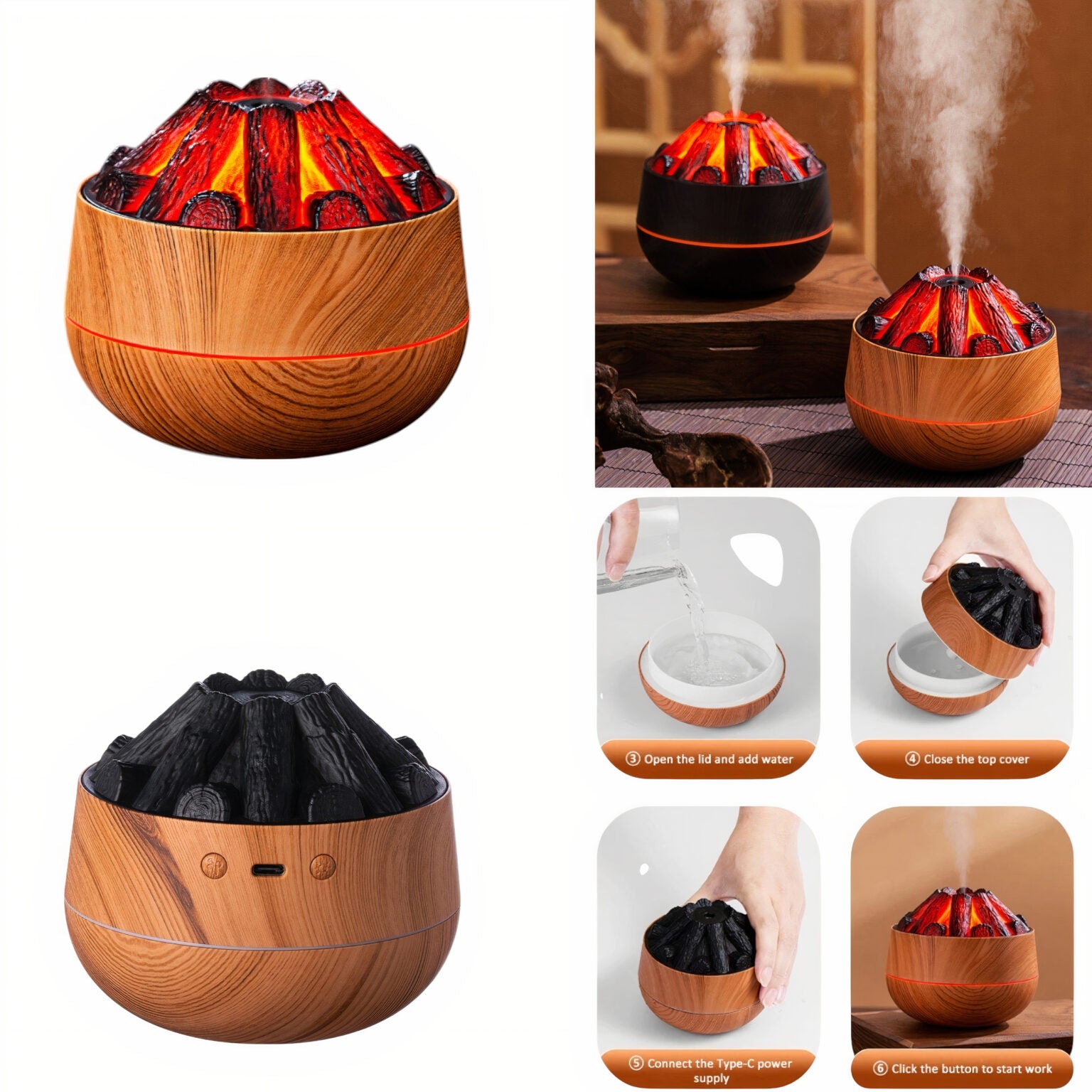 Umidificator 200ml Model Cărbune – Difuzor cu Aromă, USB, Silențios, cu Oprire Automată și Lumină LED