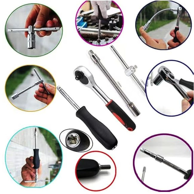 Set Chei Tubulare 46 Piese Flippy – Trusă Profesională Scule Auto cu Prelungitoare, Articulație Cardanică, Adaptoare și Mâner pentru Șurubelniță