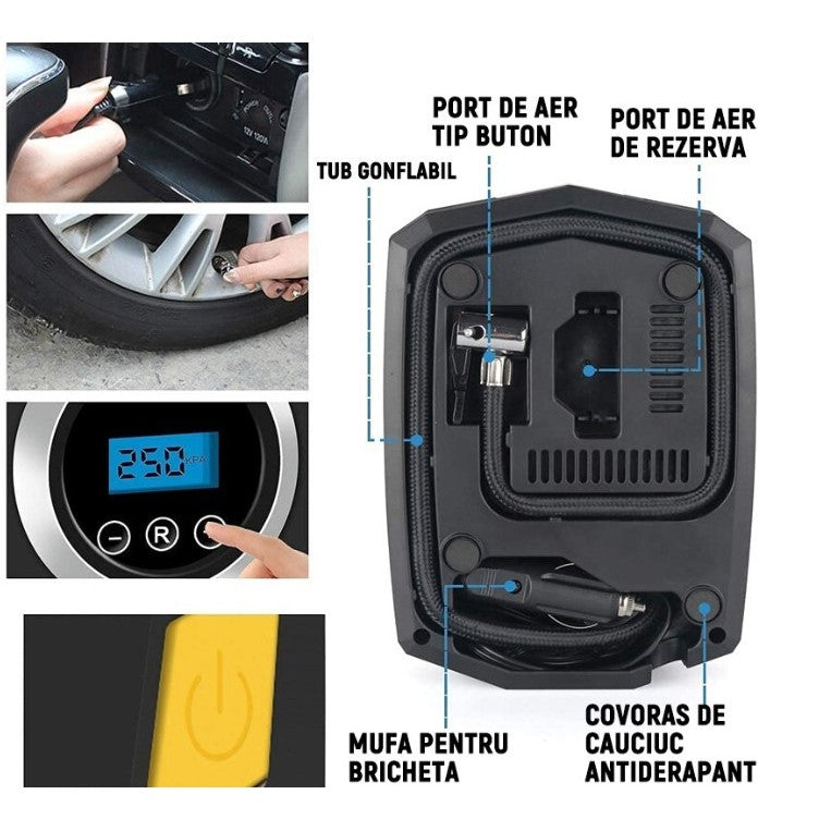 Compresor Auto Portabil Flippy – 12V, 120W, 35L/min, cu Ecran Digital și Lumină LED