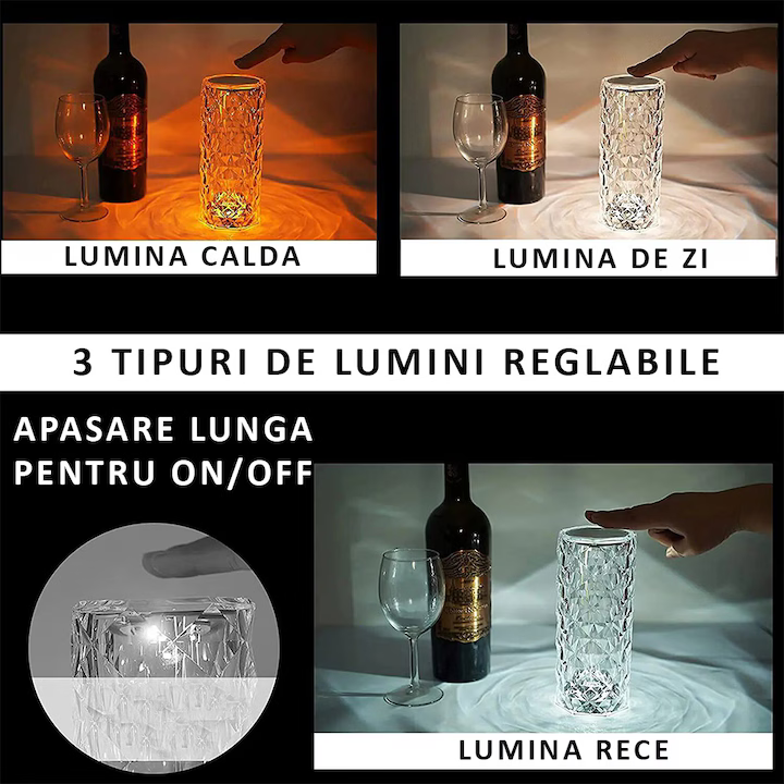 Lampa Luminoasa led Efect Cristal, 3 Lumini Albe, 16 Lumini RGB, Telecomanda Inclusa, Control Tactil, Reincarcabila pentru Dormitor, Birou, Bucatarie 