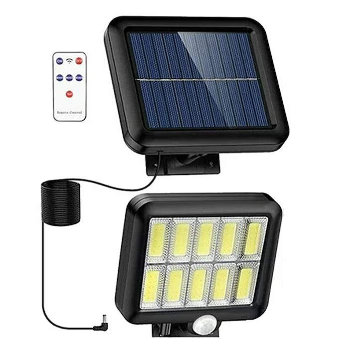 Lampă Solară LED 120 COB cu Telecomandă – Reglabilă, cu Senzor de Mișcare și Lumină Automată