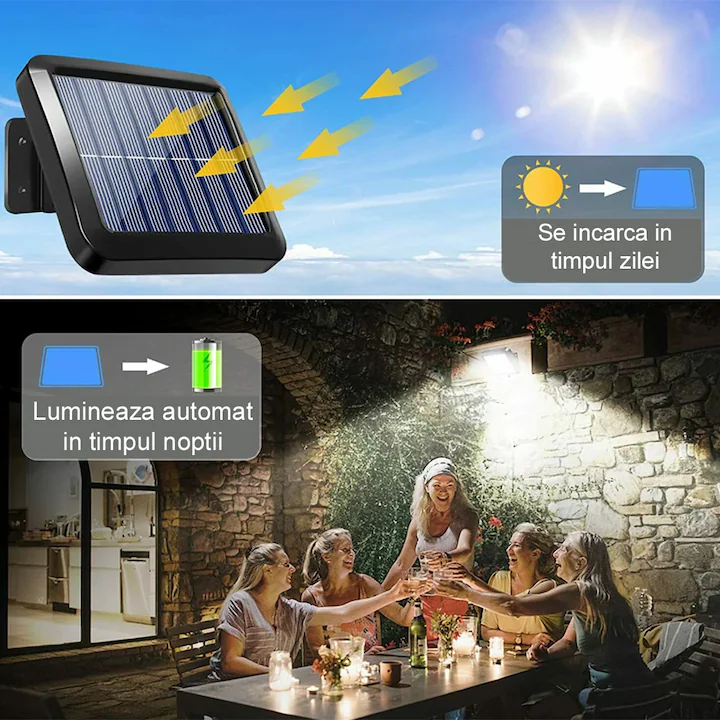Lampă Solară LED 120 COB cu Telecomandă – Reglabilă, cu Senzor de Mișcare și Lumină Automată