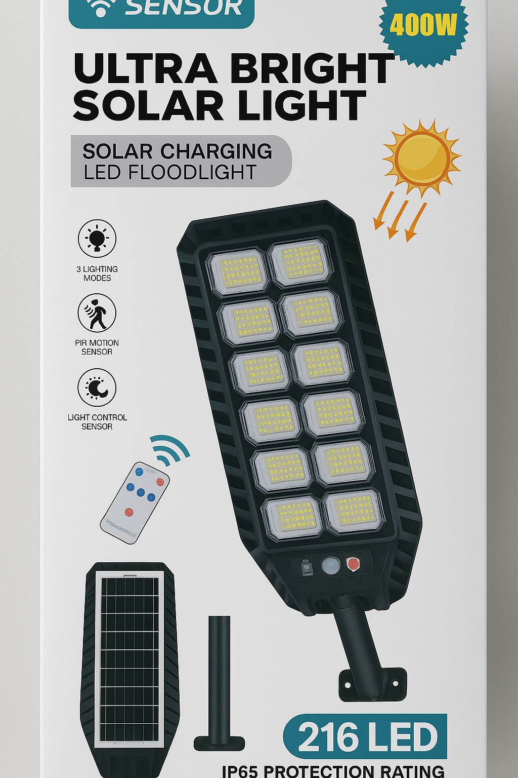 Lampă Solară Stradală LED IP67 – cu Senzor de Mișcare, Telecomandă și Lumină Alb Rece 6500K